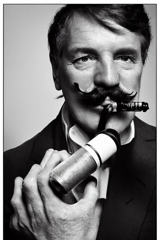 Image similar to mario testino photography, a male portrait, black hair, moustache, smoking a pipe