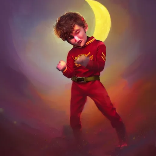 Image similar to colorful and festive captivating young child boy, brown fluffy hair, wearing red and yellow hero suit, shooting a crescent moon out of his fist. full body, rich vivid colors, ambient lighting, dynamic lighting, 4 k, atmospheric lighting, painted, intricate, highly detailed by charlie bowater