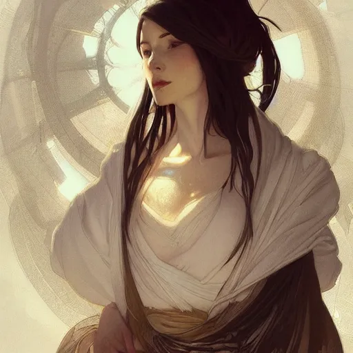 Prompt: woman, white clothed, white hair, daoist, artstation, concept art, style of greg rutkowski and alphonse mucha