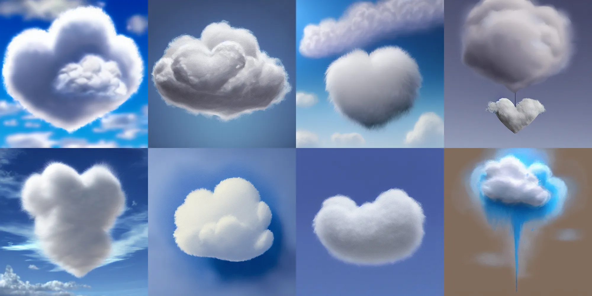 Prompt: fluffy cloud heart on blue clear sky, detailed, hyper realism, photo, realistic, soft feather, volume light, sss, view up, behance, artstation