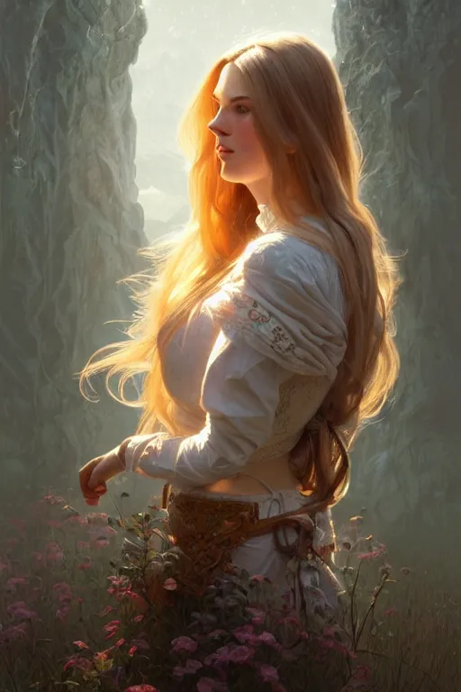 Image similar to clear portrait of a scandinavian attractive women, cottagecore!!, background hyper detailed, character concept, full body, dynamic pose, glowing lights!! intricate, elegant, highly detailed, digital painting, artstation, concept art, smooth, sharp focus, illustration, art by artgerm and greg rutkowski and alphonse mucha