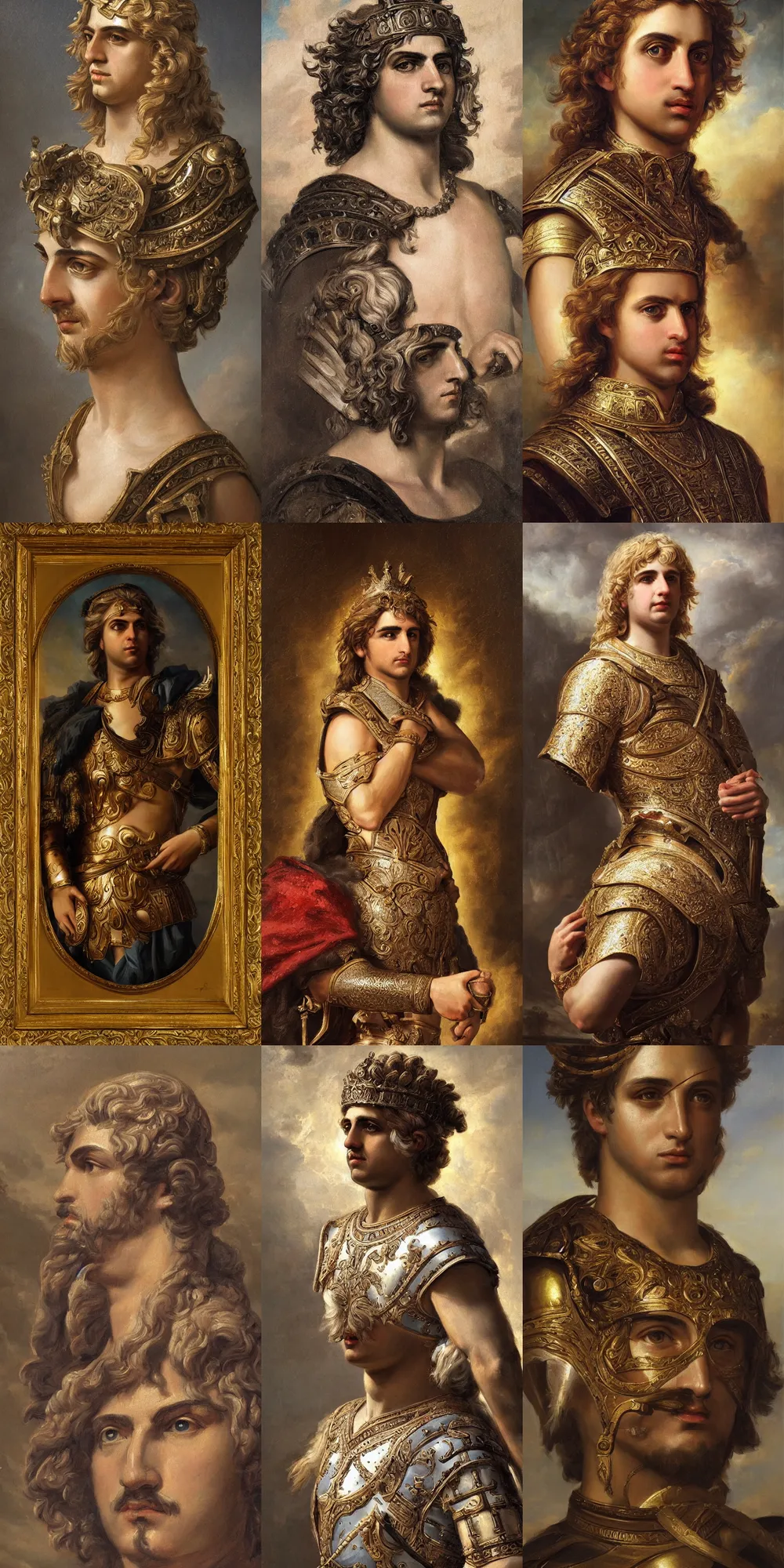 Prompt: a stunning and noble highly detailed romantic period style portrait of Alexander the Great by Josep Tapiró Baró, trending on artstation, oil painting masterpiece, symmetry, fractals, Greek iconography