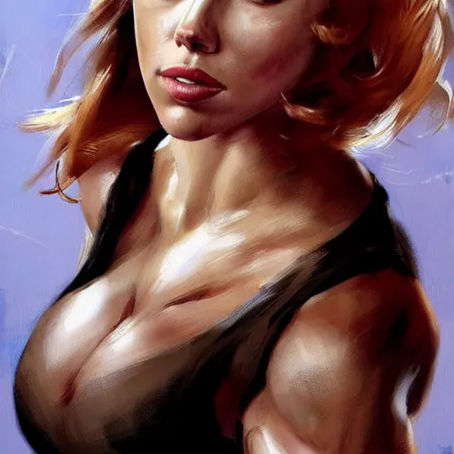 Prompt: greg manchess portrait of scarlett johansson as roided thick very muscular female bodybuilder lara croft, fantasy, medium shot, asymmetrical, profile picture, organic painting, sunny day, matte painting, bold shapes, hard edges, street art, trending on artstation, by huang guangjian and gil elvgren and sachin teng