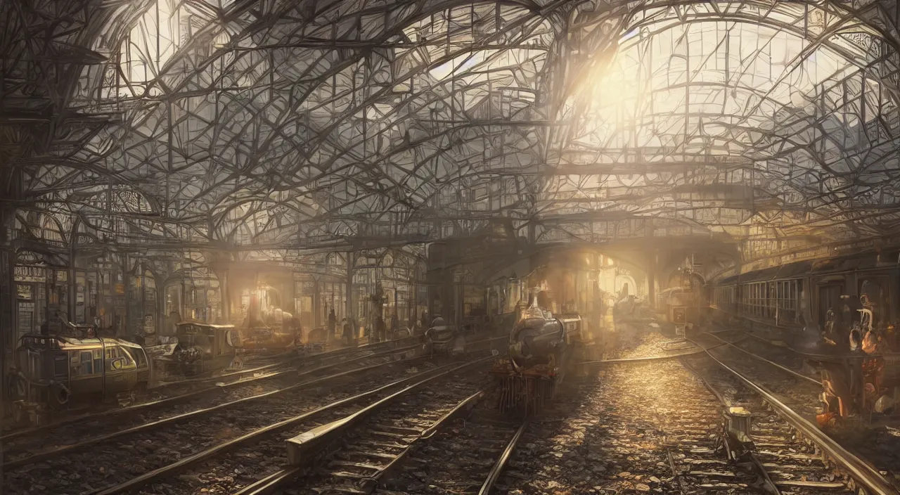 Image similar to photorealistic subway station with arriving steam trains, daylight, sunlight, lens flare, highly detailed, digital painting, artstation, concept art, smooth, sharp focus, 8k, photorealistic, 25mm f/1.7 ASPH Lens, ultra realistic steampunk illustration, art by greg rutkowski and alphonse mucha