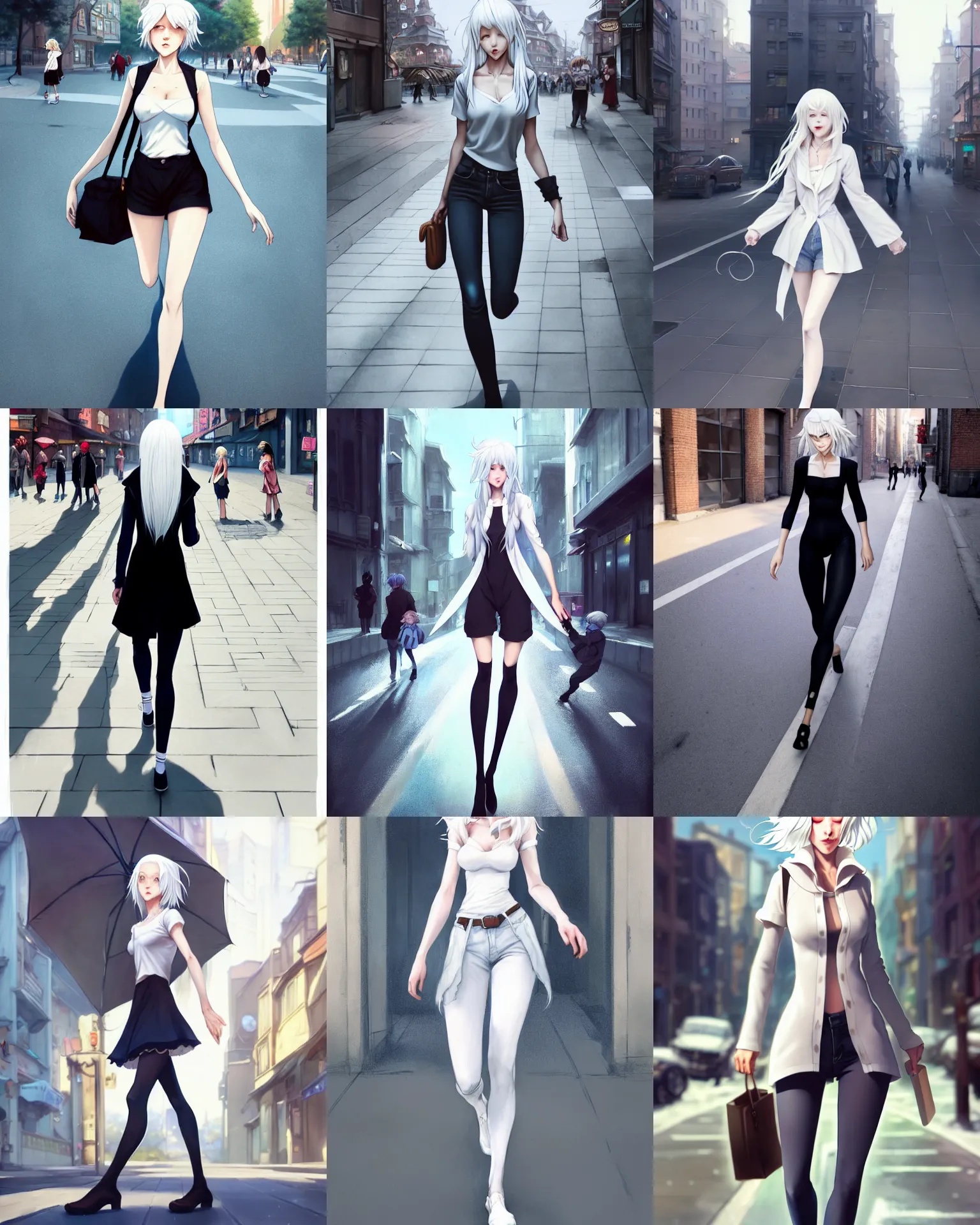 Prompt: full body character concept art of a gorgeous white haired urban girl walking on the street | | distinct - fine, key visual, realistic shaded perfect face, fine details by stanley artgerm lau, wlop, rossdraws, james jean, andrei riabovitchev, marc simonetti, sakimichan, and jakub rebelka, trending on artstation