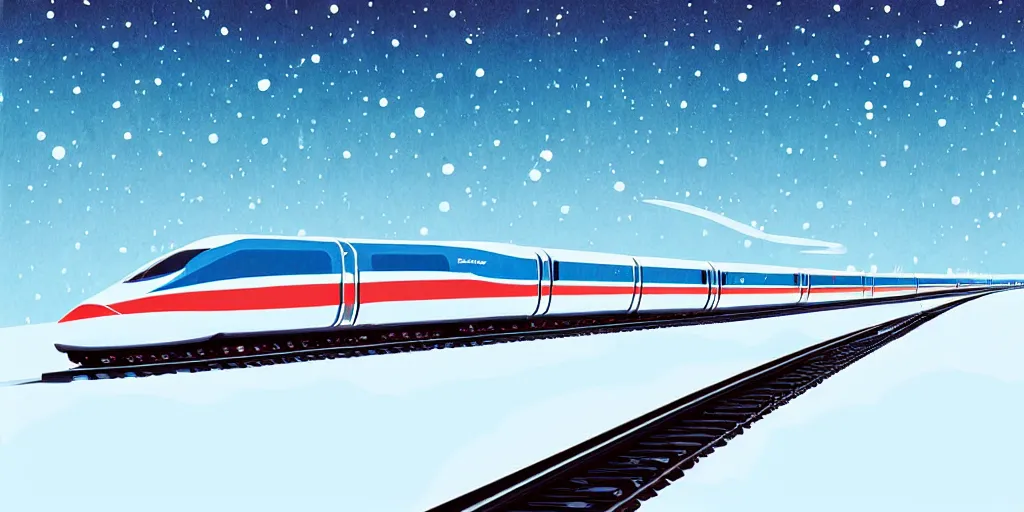 Prompt: A supersonic maglev train in North Pole riding though snow, cold, snowy, art by James Gilleard, James Gilleard artwork