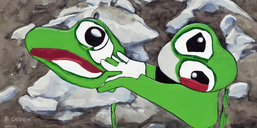 Prompt: pepe the frog snowboarding painted by gustaf cederstrom