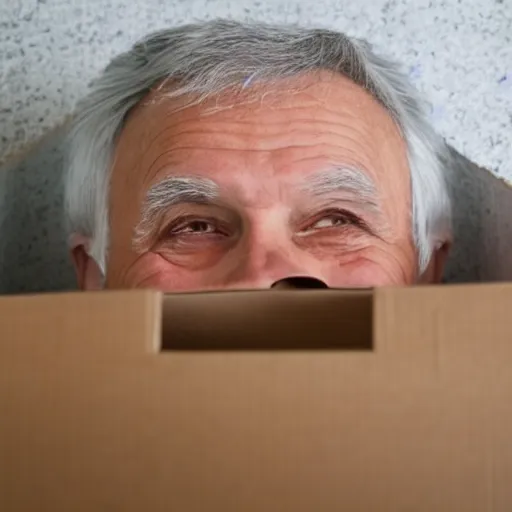 Image similar to an smiling old man peeking through a cardboard box