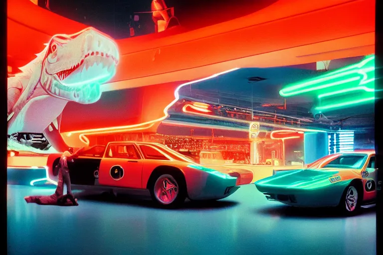 Prompt: designed by Giorgetto Giugiaro poster of a T-Rex thick neon lights, ektachrome photograph, volumetric lighting, f8 aperture, cinematic Eastman 5384 film