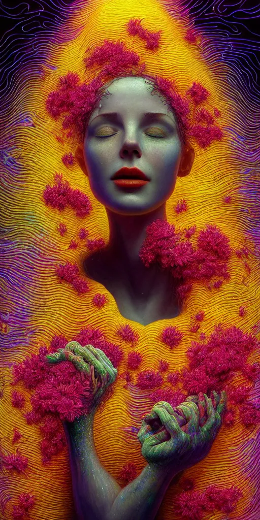 Prompt: hyper detailed 3d render like a Oil painting - portrait sculpt of Aurora (Singer) seen Eating of the Strangling network of yellowcake aerochrome and milky Fruit that covers her body and Her delicate Hands hold of gossamer polyp blossoms bring iridescent fungal flowers whose spores black the foolish stars by Jacek Yerka, Mariusz Lewandowski, Houdini algorithmic generative render, Abstract brush strokes, Masterpiece, Edward Hopper and James Gilleard, Zdzislaw Beksinski, Mark Ryden, Wolfgang Lettl, hints of Yayoi Kasuma, octane render, 8k