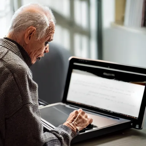 Image similar to elderly man sitting inside a casket browsing internet on laptop from a casket casket