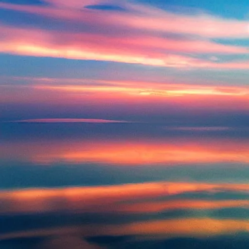 Image similar to dreamland blush colored sky with light feathery pink clouds on a reflective waveless flat open ocean reflecting the sky