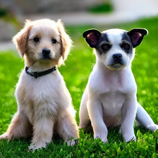 Prompt: two adorable green puppies on grass