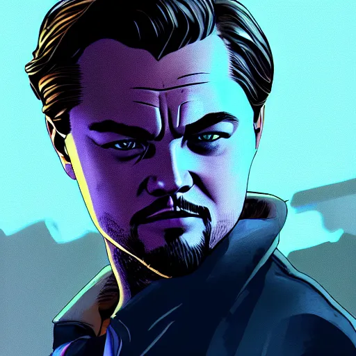 Image similar to leonardo dicaprio portrait, borderlands, tales from the borderlands, the wolf among us, comic, cinematic lighting, studio quality, 8 k