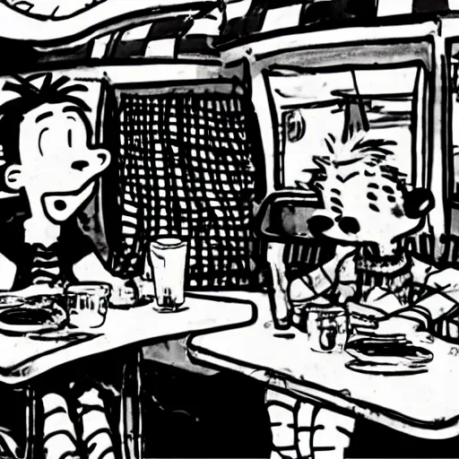 Prompt: calvin and hobbes in a diner, overhead lighting