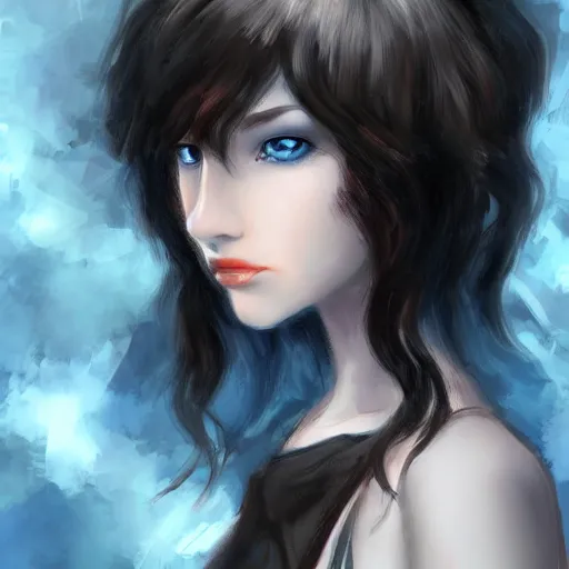 Image similar to pale girl with striking blue eyes and curly short black hair, digital art, trending on artstation