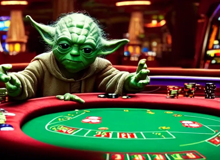 Image similar to film still of yoda gambling in Vegas in the new Star Wars movie, 4k