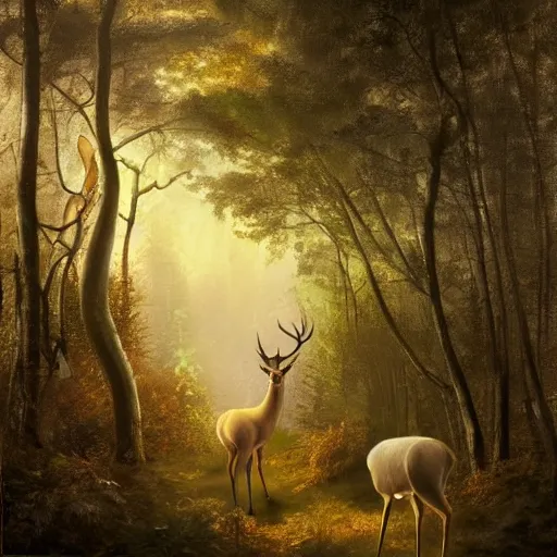 Prompt: a painting of a woman standing in a forest with deer, a storybook illustration by louise abbema, cgsociety, magical realism, reimagined by industrial light and magic, volumetric lighting, cinematic lighting