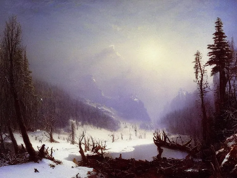 Image similar to Canadian Wilderness by Albert Bierstadt. Epic landscape, winter blizzard. Oil on Canvas. Private Collection