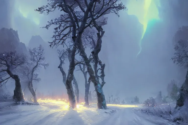 Image similar to a beautiful oil painting of a valley covered in snow, trees with purple, thunderstorm in the sky, blue lighting, gloomy, atmospheric lighting, detailed, beautiful!!, purple bioluminescence, by greg rutkowski, trending on artstation