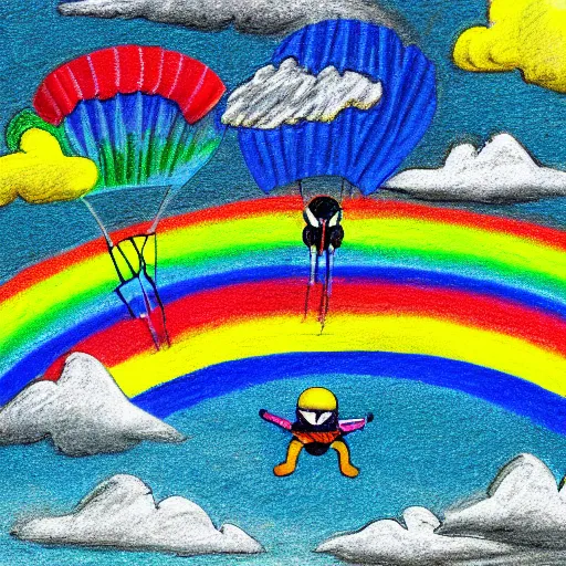 Image similar to crayon illustration of skydiver falling through rainbow, with soft puffy clouds beneath her sprawling over a green valley