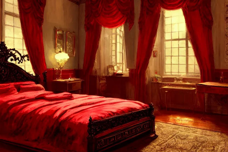 Image similar to an ornate red victorian bedroom, 1 8 9 0, key visual, conceptart, ambient lighting, highly detailed, digital painting, artstation, concept art, sharp focus, by makoto shinkai and akihiko yoshida and greg manchess