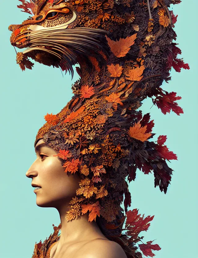 Prompt: 3 d goddess close - up profile portrait of alicia vikander wearing a beautiful intricately detailed japanese autumn fox mask, fall leaves, phoenix, dried plants, wind, creature, artwork by tooth wu and wlop and beeple and greg rutkowski