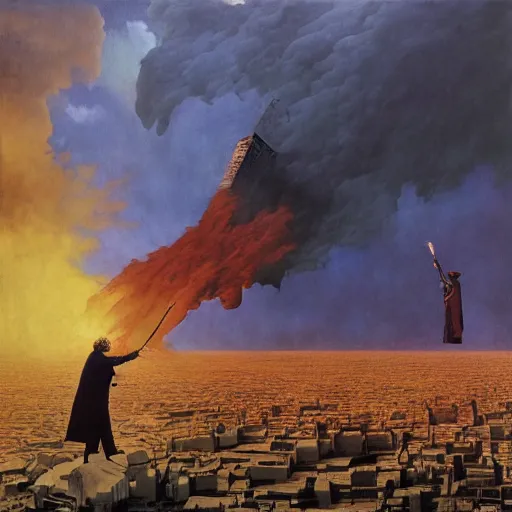 Image similar to a man burns with fire in a white city, pink floyd album cover, 1 9 7 0's, by storm elvin thorgerson, moebius, craig mullins, beksinski, bruegel, greg rutkowski, alphonse mucha, and yoshitaka amano, colorful flat surreal design, hd, 8 k, artstation