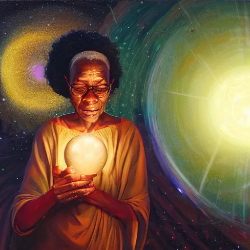 Image similar to an elder african psychic woman reading her crystal ball while holding a book of spells under a meteor shower, greg rutkowski and android jones and amanda sage, oil on canvas, 8k