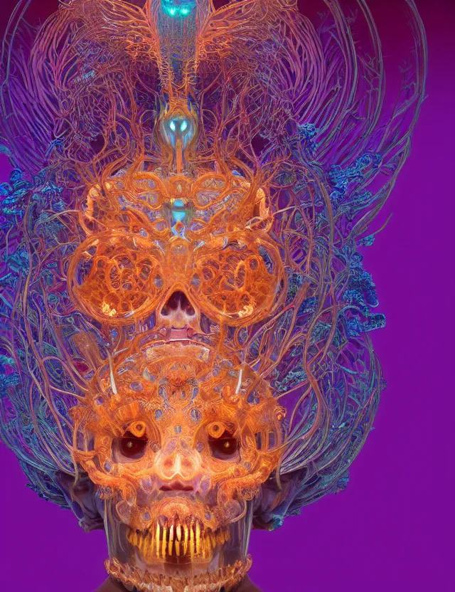 Image similar to symmetrical, centered, goddess close-up portrait wigh crown made of skulls. phoenix betta fish, phoenix, bioluminiscent creature, super intricate ornaments artwork by Tooth Wu and wlop and beeple and Dan Flavin and Daniel Buren and greg rutkowski