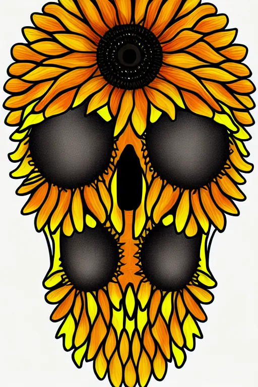 Image similar to sunflower skull head, spooky halloween theme, illustration line art style