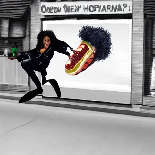 Image similar to security cam footage of oprah winfrey doing a kickflip while eating a huge hotdog by stuart brown and greg rutowski artstation