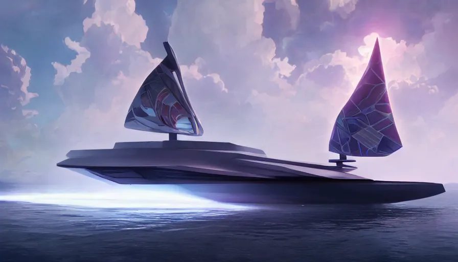 Image similar to a futuristic sport yacht by artgerm and greg rutkowski and alphonse mucha, volumetric light, detailed, octane render, midsommar