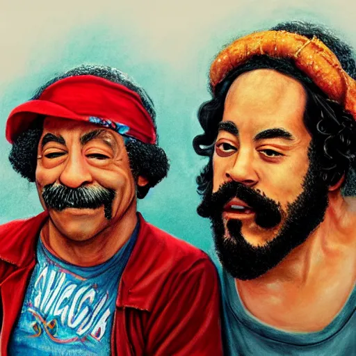 Image similar to portrait of cheech and chong, concept art, highly detailed, up in smoke, cinematic smoke background,