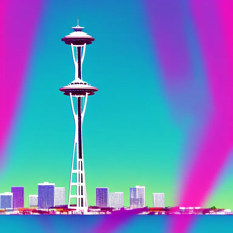 Image similar to a beautiful and balanced vaporwave scene depicting outrun and the space needle