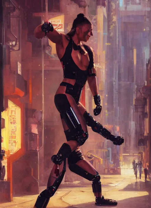 Image similar to buff cyberpunk olympic kickboxer with robotic legs wearing a jumpsuit ( blade runner 2 0 4 9, cyberpunk 2 0 7 7 ). orientalist portrait by john william waterhouse and james gurney and theodore ralli and nasreddine dinet, oil on canvas. cinematic, hyper realism, realistic proportions, dramatic lighting, high detail 4 k