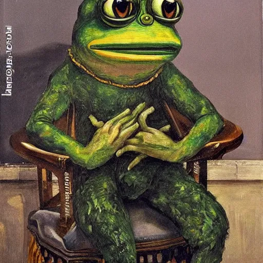 Image similar to pepe the frog as a king of england, painting by Lucien Freud,