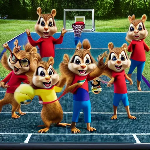 Prompt: alvin and the chipmunks on a trampoline playing basketball while drinking margaritas, 4 k, getty images