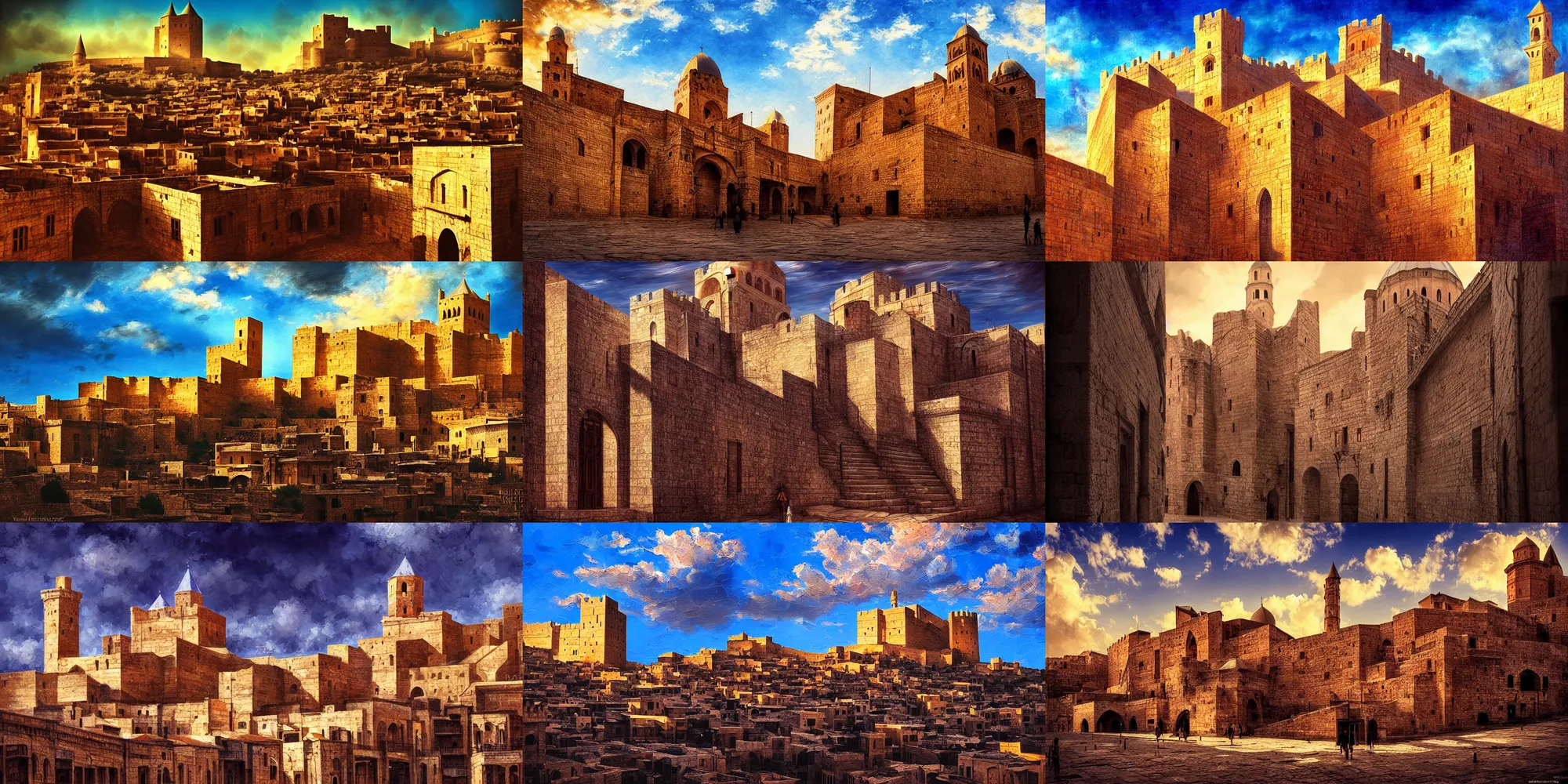 Prompt: mardin old town castle, digital oil painting, high contrast, colorful, clear sky, volumetric lighting, atmospheric, ghibli, lise deharme