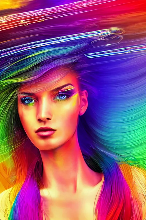 Image similar to a award winning half body portrait of a beautiful woman with stunning eyes in a croptop and cargo pants with rainbow colored ombre hairstyle head in motion and hair flying by thomas danthony, surrounded by whirling illuminated liquids and lines, outrun, vaporware, shaded flat illustration, digital art, trending on artstation, highly detailed, fine detail, intricate