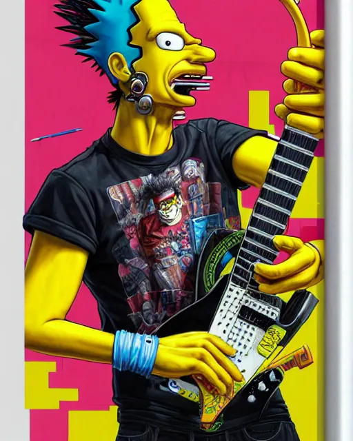 Image similar to a portrait of an anthropomorphic cyberpunk bart simpson shredding an electric guitar by sandra chevrier, by jon foster, detailed render, tape deck, epic composition, cybernetics, 4 k realistic, cryengine, realistic shaded lighting, sharp focus, masterpiece, by enki bilal