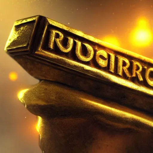 Prompt: hyperrealistic closeup of a mysterious magical golden artifact with glowing runes, blurry background, bokeh, artstation