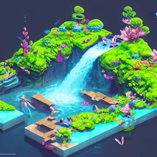 Image similar to isometric webdesign icon for paradise blossoming aquarium of eden with waterfall, 3 d render, by artgerm, tooth wu, dan mumford, beeple, wlop, rossdraws, james jean, andrei riabovitchev, marc simonetti, yoshitaka amano, artstation