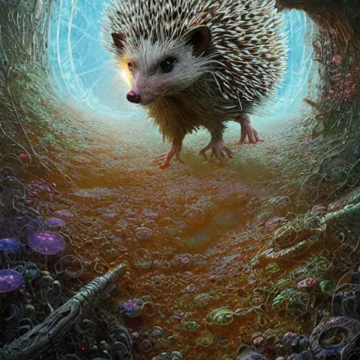 Prompt: hedgehog opalescent walkway quantum digital art matte painting hyper realism sharp focus intricate details by tomasz alen kopera, victo ngai, greg rutkowski, tim white, beksinski, artgerm, paul lehr, andreas rocha