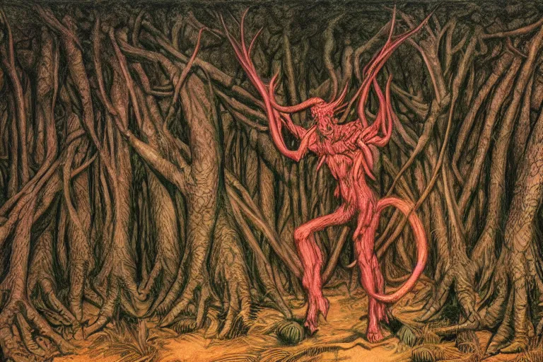 Image similar to multi headed demon in a forest in the style of wayne barlowe