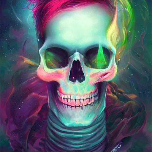 Prompt: a schizophrenic with an aurora skull's mind is blowing up, by ross tran, oil on canvas