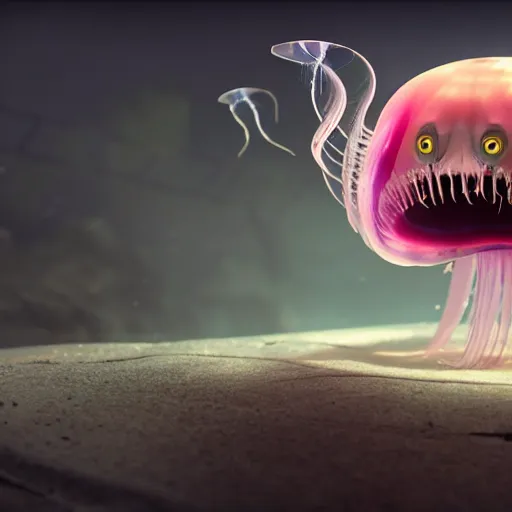 Image similar to a beautiful extreme wide photograph of a super cute jellyfish monster with huge sad eyes and sharp fangs in a wide open mouth, highly detailed, smooth, very very clean, 8 k, cinematic movie photograph, cinematic lighting, octane render, zbrush central contest winner, 3 d maya render