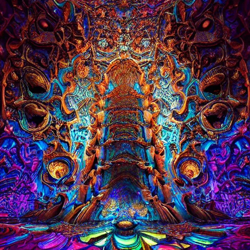 Image similar to a beautiful stone carving of an intricate psychedelic cathedral populated by mandelbrot fractals by android jones, carved soap, unreal engine, volumetric lighting, dynamic lighting, bright, dramatic lighting, high contrast, neon glow, carved marble, opalescent, sacred geometry, religious, angelic, catholicpunk, stark, trending on artstation