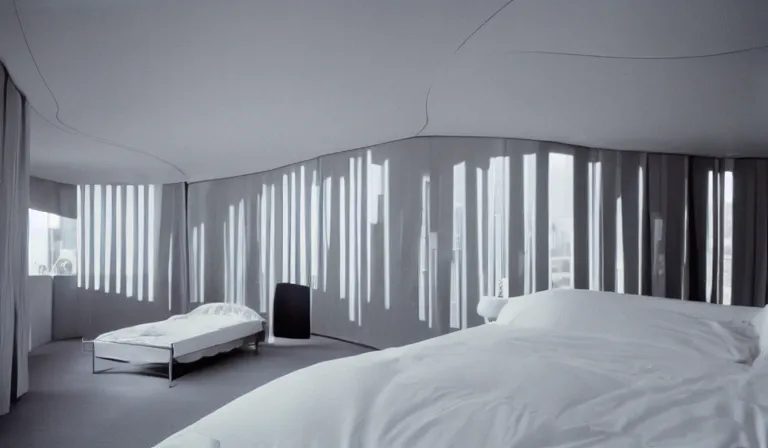 Image similar to A bedroom designed by Zaha Hadid, 35mm film, long shot