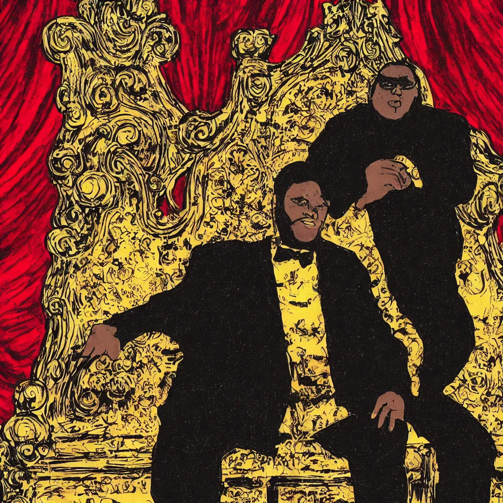 Image similar to style of frank miller, portrait of big black man sitting on throne, background made of big curtains